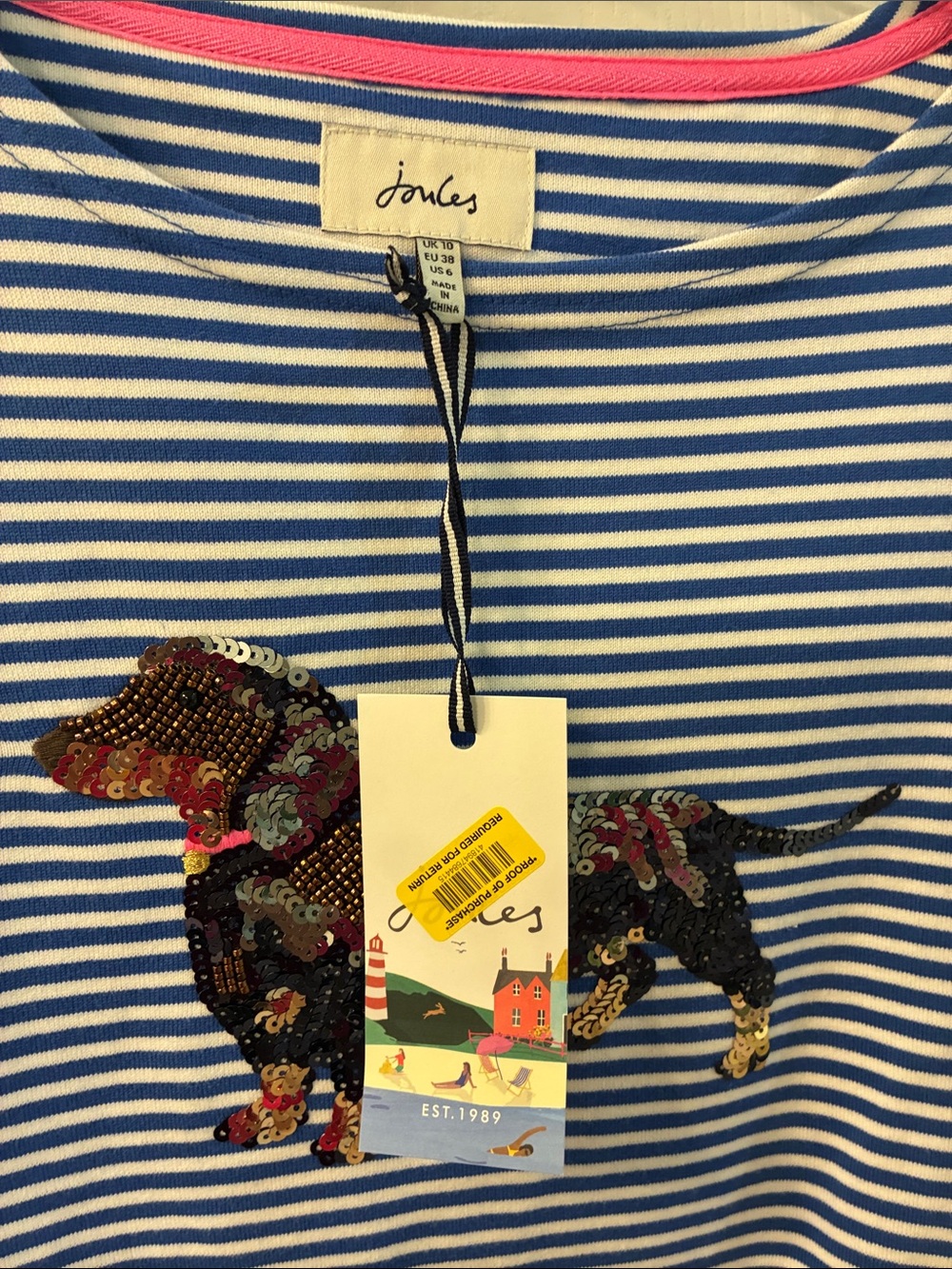NWT Joules Harbor Luxe Blue White Stripe Sequin Daschund Dog Jersey Top SZ 6 - Picture 5 of 7